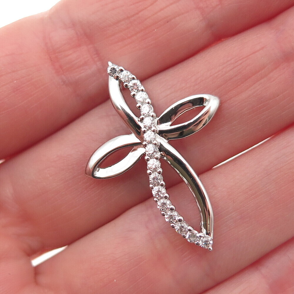 SAI 925 Sterling Silver Round-Cut C Z Floral Cross Slide Charm Pendant
